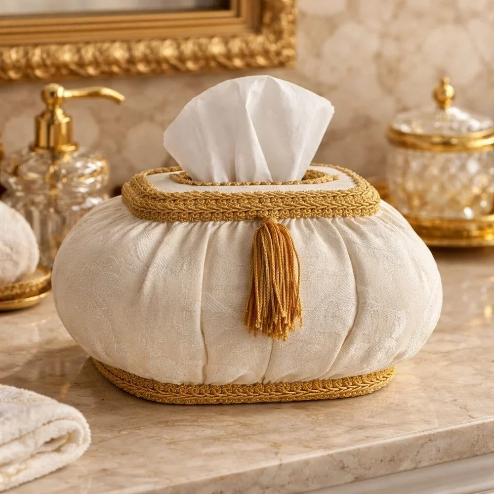 Austin Horn Collection Cream Damask Tissue Box Cover Gold Tassel Vanity Bath Dec